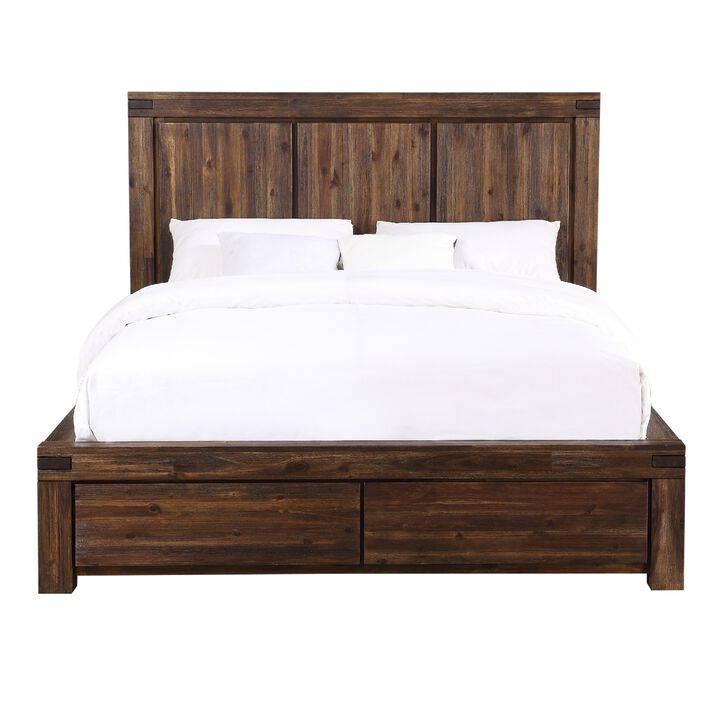 Pim Solid Wood Platform Queen Bed with 2 Drawers, Rustic Brown - Benzara