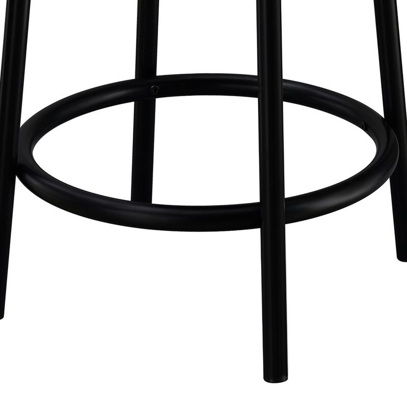 25 Inch Set of 2 Round Counter Height Stools, Black, White Fabric Pouf Seat-Benzara