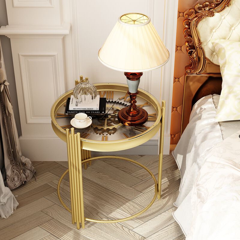 FUFU&GAGA Gold Gear Coffee Table with Spacious Tabletop, Sturdy Metal Legs, Circular Support Ring, Easy Assembly (18.5" W x 18.5" D x 20.5" H), Gold