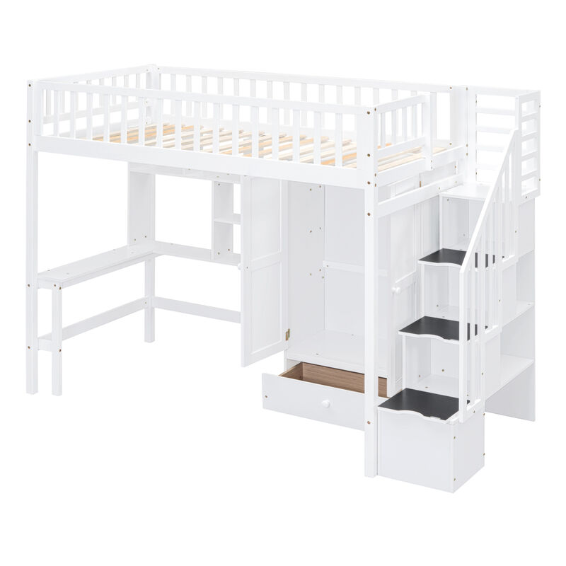 Twin Size Loft Bed With Bookshelf, Drawers, Desk, And Wardrobe White
