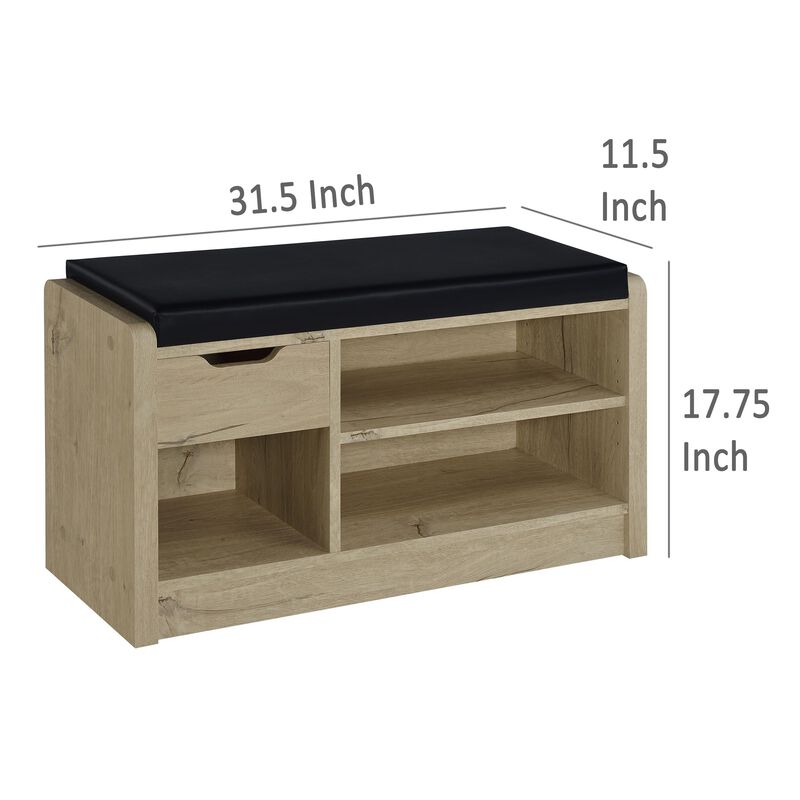 Aryn Storage Bench, Adjustable Shelf, Black Faux Leather, Oak Brown - Benzara