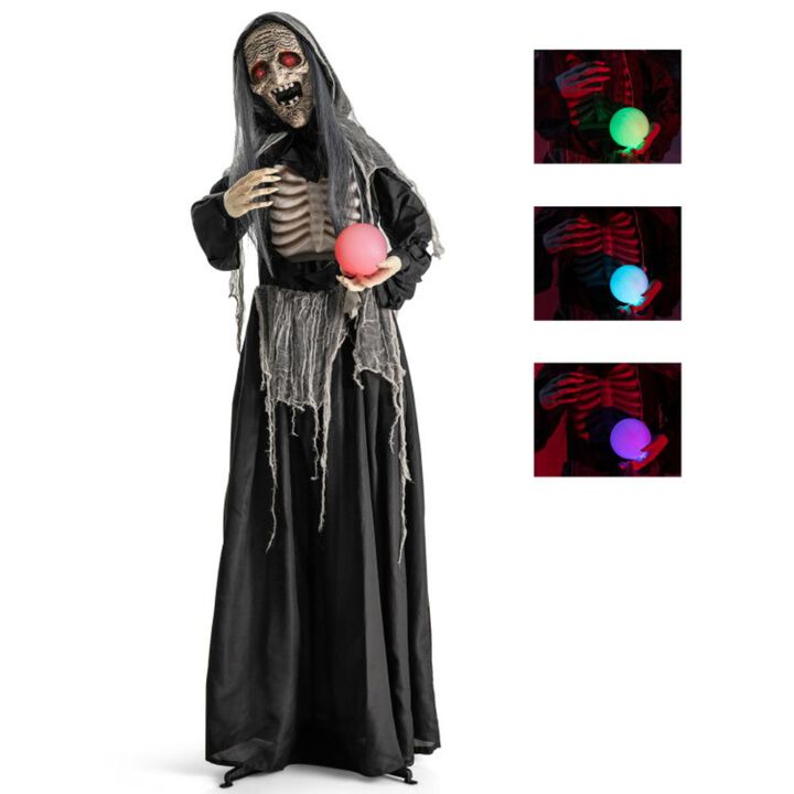 Hivvago 6ft Halloween Animatronics Standing Witch with Light Up Eyes and Magical Ball