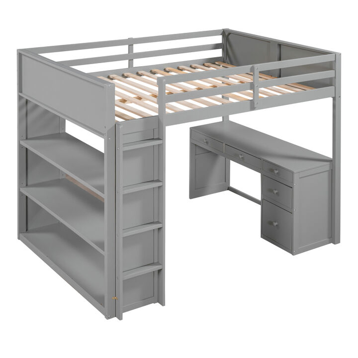 Full Size Loft Bed With Ladder, Shelves, And Desk