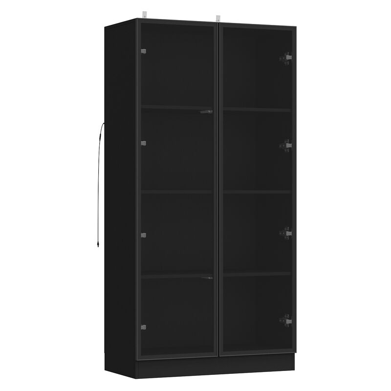 Black Wood Storage Cabinet Display Cabinet With Tempered Glass Doors, 3-Color LED Lights and Aluminum Framed