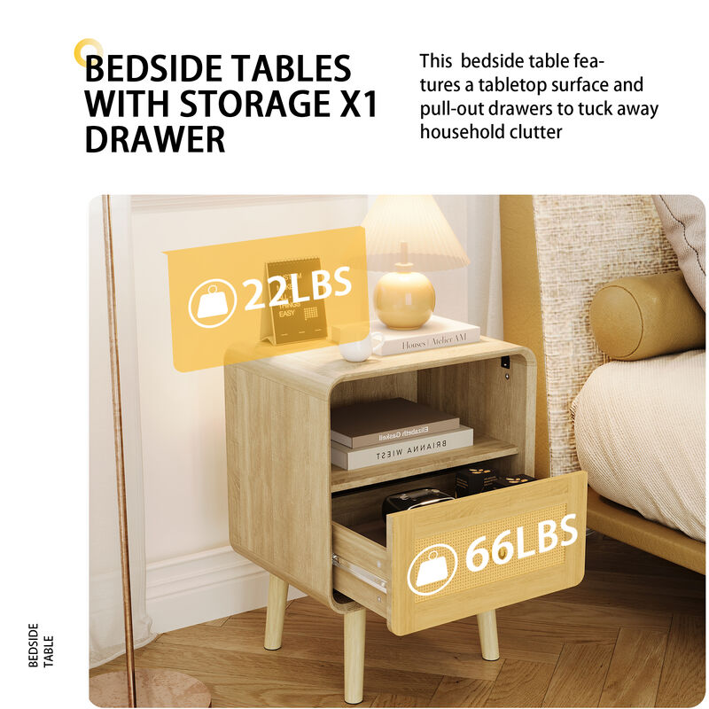 FUFU&GAGA Modern Rattan Nightstand with Drawer & Open Storage, Solid Wood Legs, Natural Wood Grain Finish, (17.7" W x 23.8" H x 13.9" D), Brown