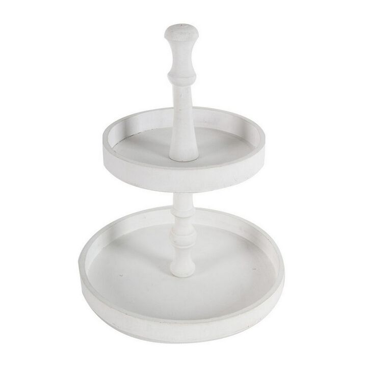 Semy 15 Inch 2 Tier Round Decorative Serving Tray, White Wood Finish - Benzara