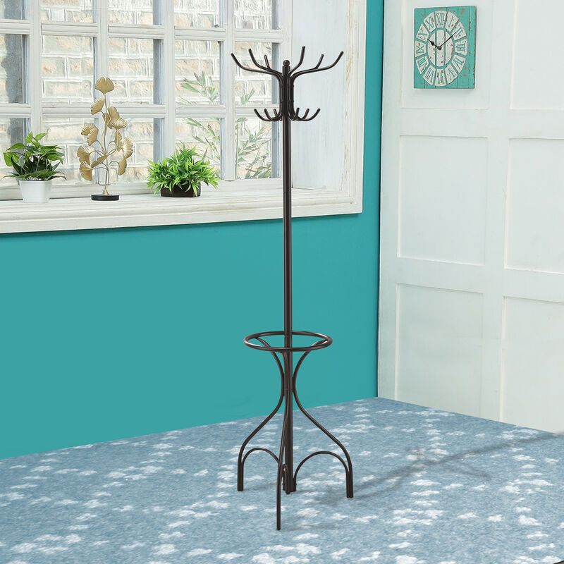 Metal Coat Rack With Umbrella Stand, Black - Benzara