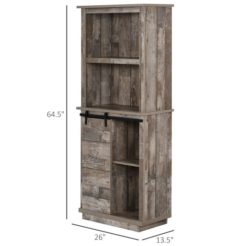 Vintage Wood Kitchen Organizer: 64.5" Buffet Hutch with Barn Door