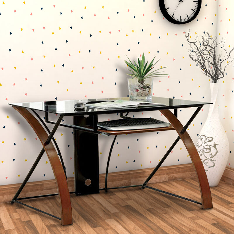 Glass Top Computer Desk with Z Shaped Metal Legs, Brown and Black - Benzara