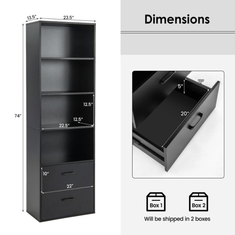 Hivvago 6-Tier Tall Freestanding Bookshelf with 4 Open Shelves and 2 Drawers