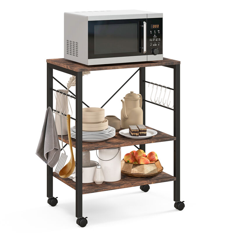 3-Tier Kitchen Baker's Rack Microwave Oven Storage Cart with Hooks
