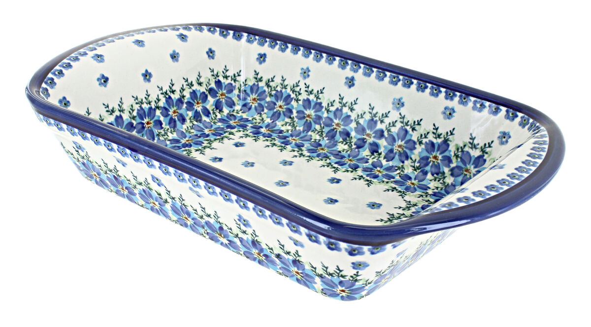 Blue Rose Polish Pottery Jungle Flower Large Rectangular Baker with Handles