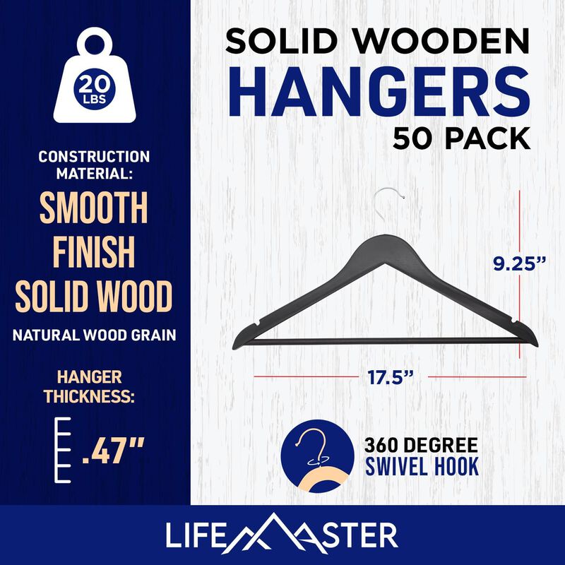 Lifemaster Wooden Clothes Hangers – With 360 Degree Swivel Hook and Non-Slip Shoulder Notch, Holds Up To 10 lbs, Pants Bar Design, For Organizing Suit, Dress, Coat, and Clothes, Pack of 50, Brown