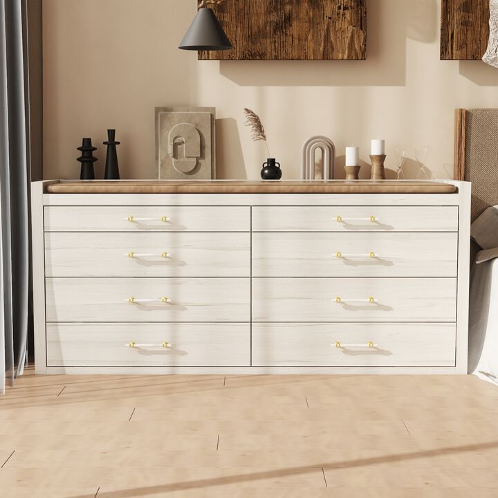 FUFU&GAGA 8-Drawer Bedroom Island Storage Cabinet, White Finish with Wood Grain, Gold and White Handles (66.5" W x 23.6" D x 31.5" H),White