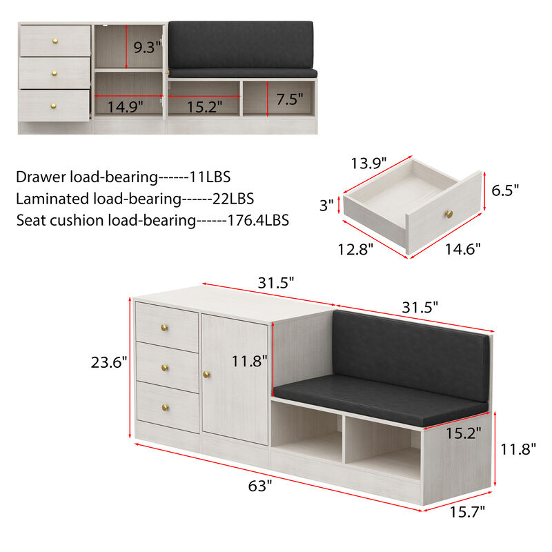 FUFU&GAGA Storage Bench with Cushion Seating, 3 Drawers, Shelving Units, (63" W x 15.7" D x 23.6" H), White