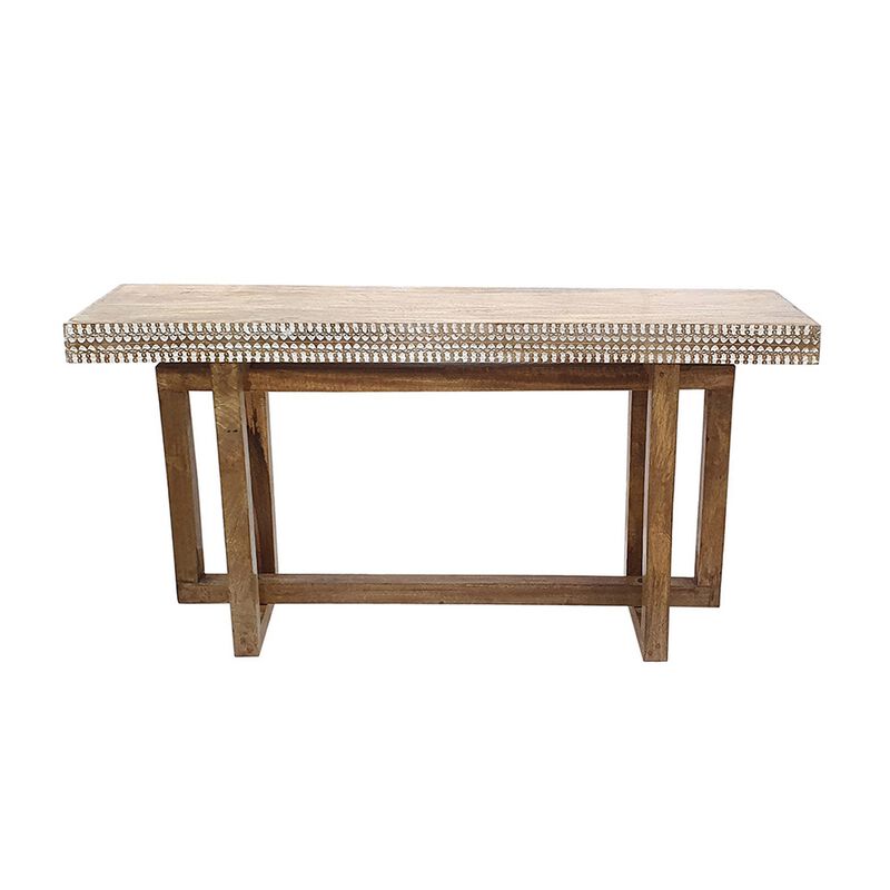 55 Inch Console Sideboard Sofa Table, Hand Carved Wood Apron, Classic Brown - Benzara
