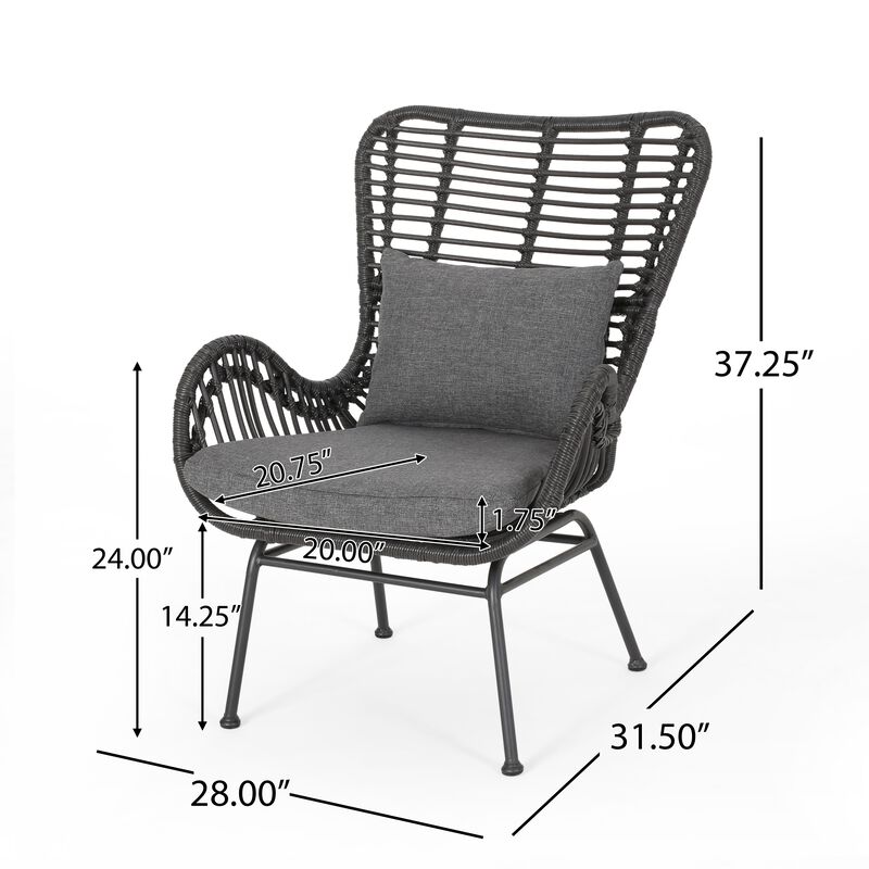 Slay Outdoor Accent Chair Set of 2, 25 Inch, Gray Woven Rattan, Iron Legs - Benzara
