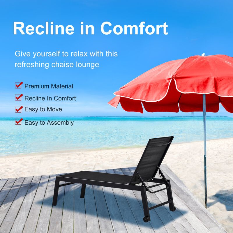 Black Patio Lounger: Chaise Chair with Wheels and Adjustable Back