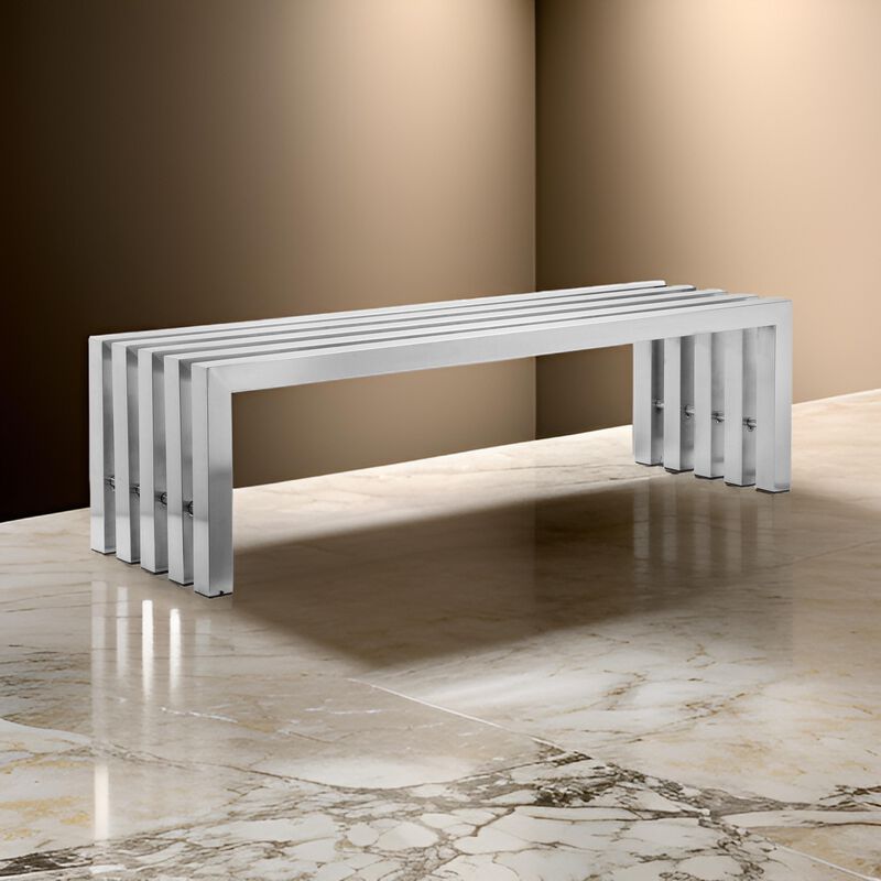 Namo 58 Inch Accent Bench, Sleek Modern Design, Rectangular, Chrome Metal - Benzara