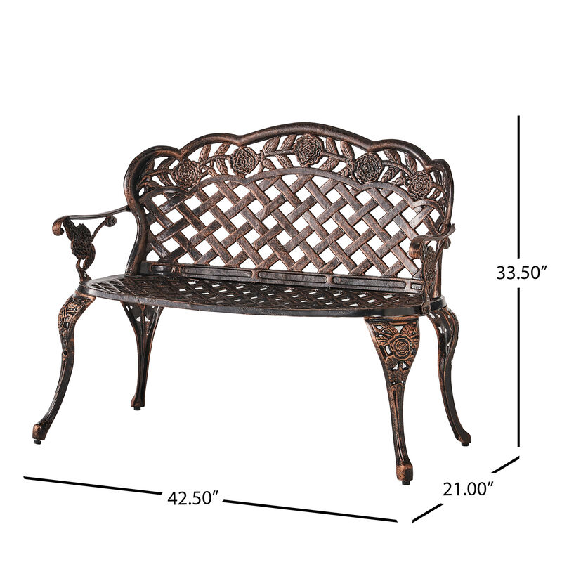 Ornate Cast Aluminum Garden Bench with Lattice and Rose Embellishments