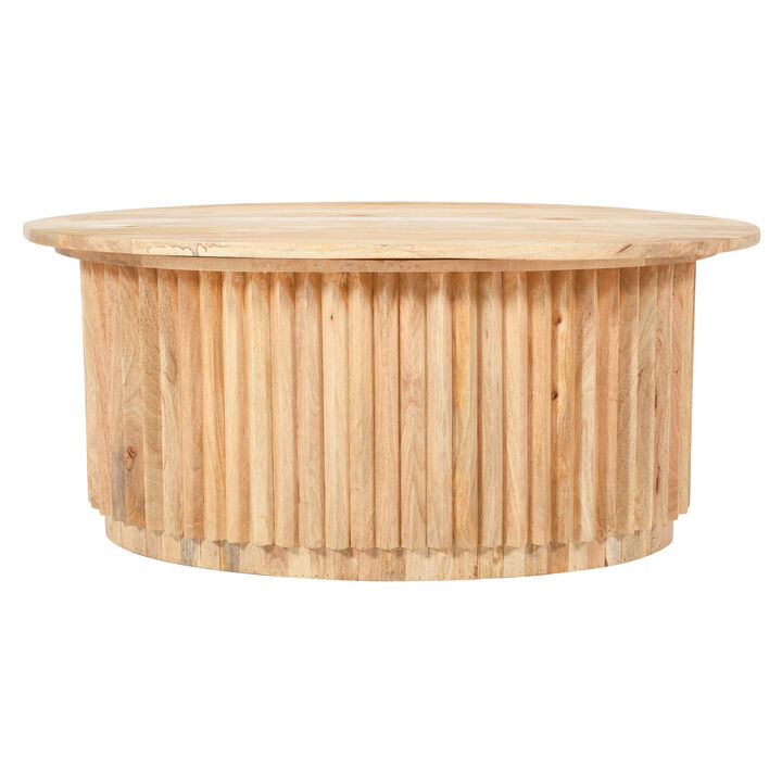 Muna Coffee Table, 36 Inch Oval Top, Handcrafted Mango Wood, Reeded Base with Hidden Storage, Natural Brown