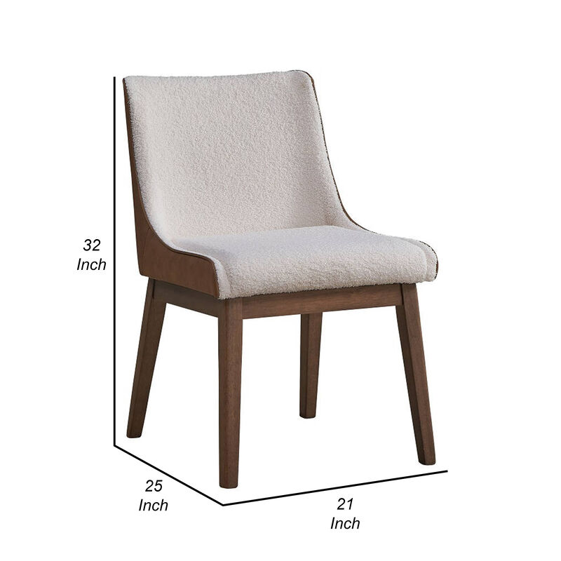 25 Inch Side Dining Chair Set of 2, Wingback, White Boucle, Walnut Brown - Benzara