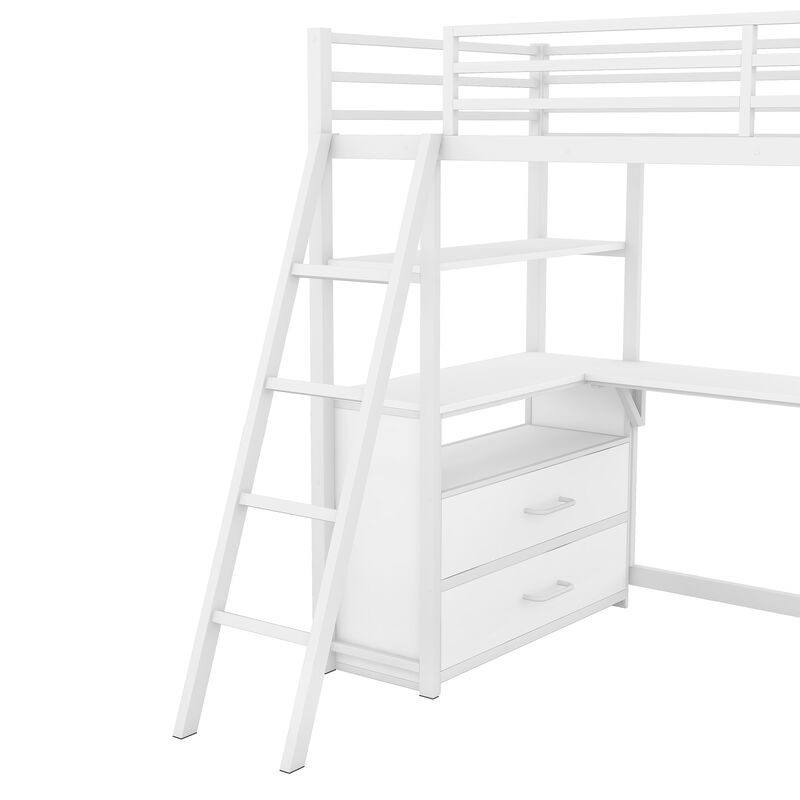 Merax Metal&Wood Loft Bed with Desk and Shelves
