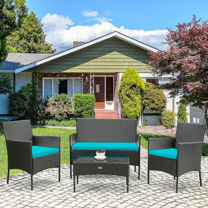 Hivvago 4 Pieces Patio Rattan Cushioned Sofa Set with Tempered Glass Coffee Table