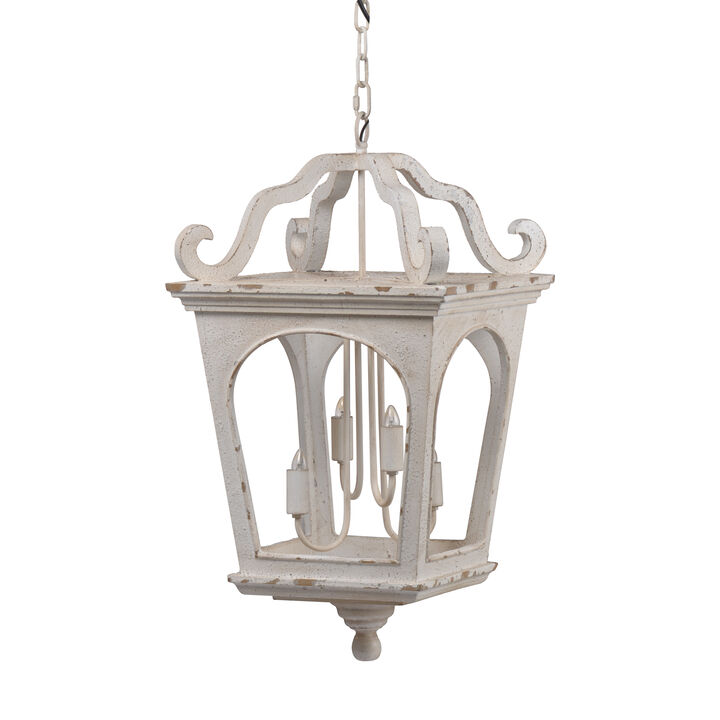 16 Inch 4 Light Chandelier, Classic Design, Fir Wood Iron, Distressed White - Benzara