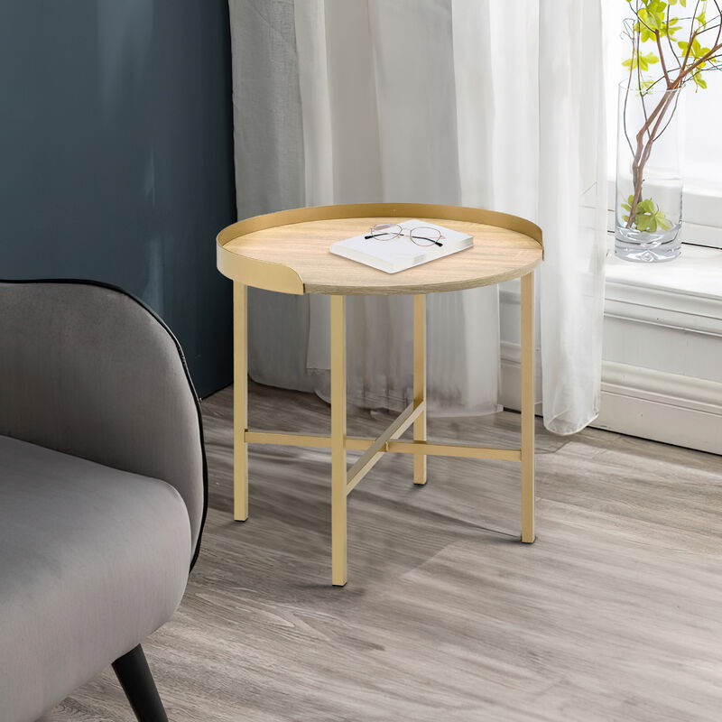 Kai 22 Inch Wood End Table, Round Tray Top, Metal Accent, Brown, Brass-Benzara