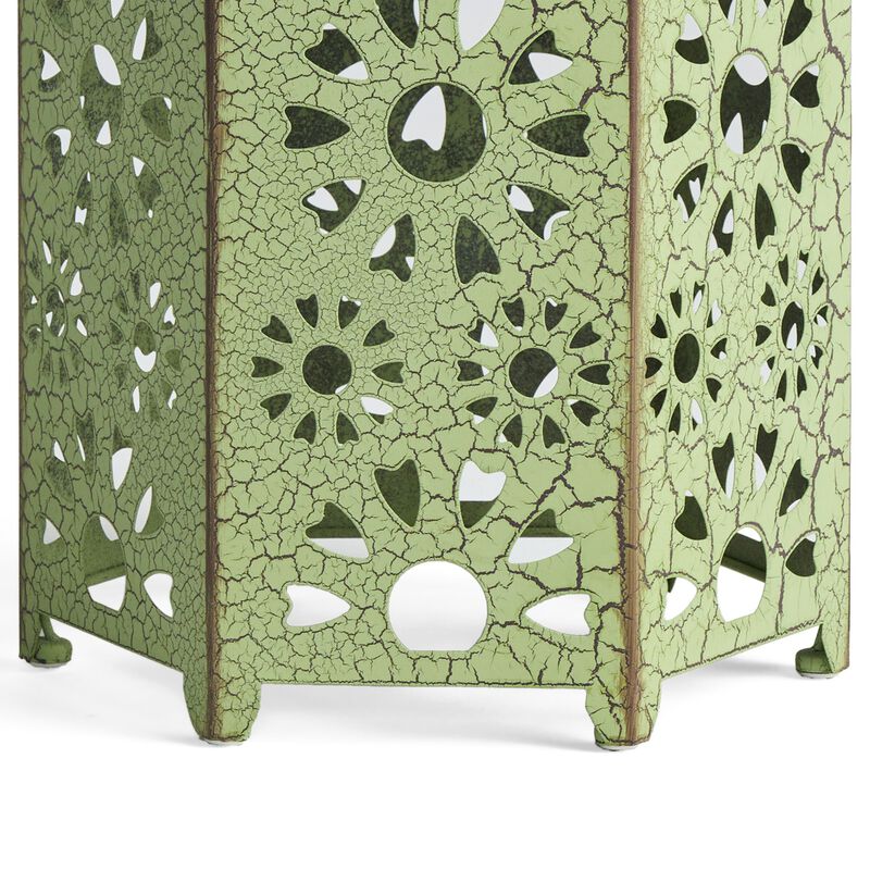 Liana Outdoor Side Table, Hexagonal 12 Inch, Sunburst Cut Out, Green - Benzara