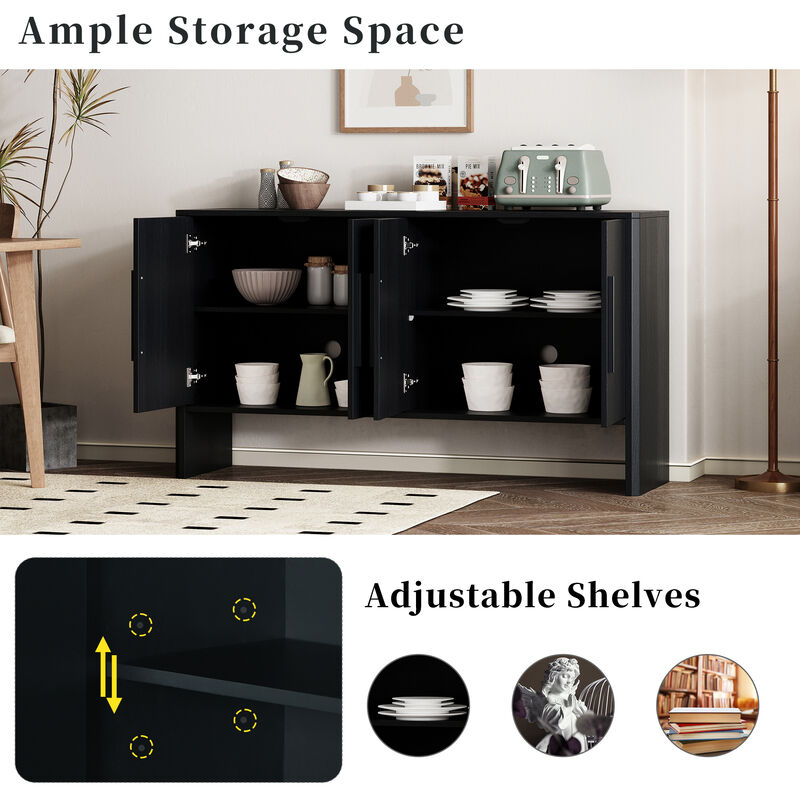 Clihome Sideboard Buffet Cabinet with Storage, Retro Sideboard Cabinet with Adjustable Shelves and Long Handles, 4-Door Wood Sideboard for Kitchen, Dining Room and Living Room (Black)