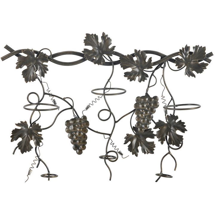 22 Inch Wall Hanging Wine Rack, Grape Bottle Stand, Black Metal - Benzara