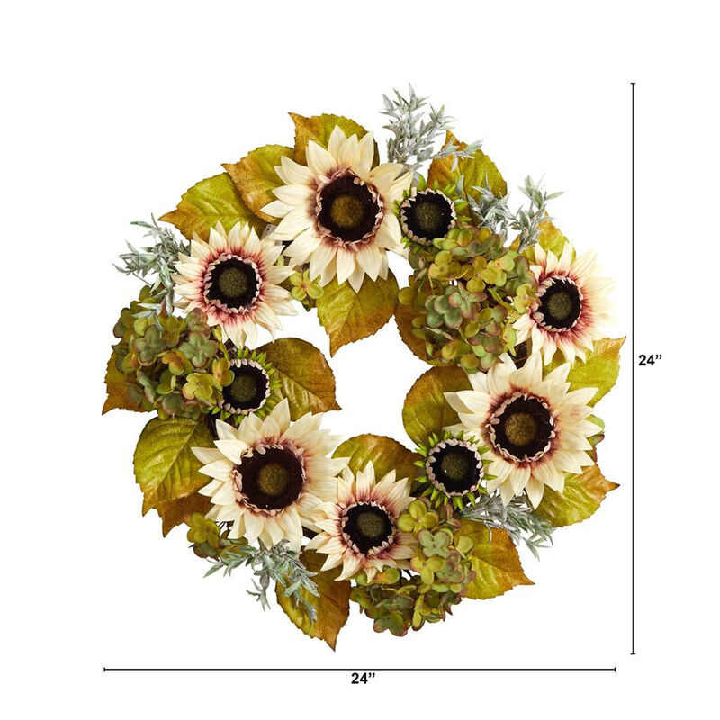 Nearly Natural 24-in White Sunflower and Hydrangea Artificial Autumn Wreath