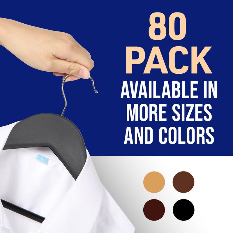 Lifemaster Wooden Clothes Hangers – With 360 Degree Swivel Hook and Non-Slip Shoulder Notch, Holds Up To 10 lbs, Pants Bar Design, For Organizing Suit, Dress, Coat, and Clothes, Pack of 80, Brown