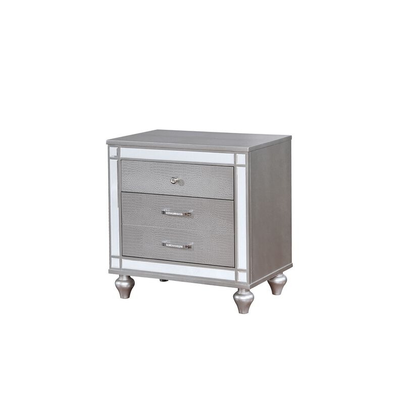 Three Drawer Solid Wood Nightstand with Mirror Accent Trim Front, Silver-Benzara