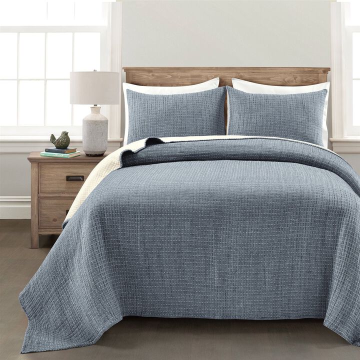 Hivvago Full/Queen Size 3 Piece Reversible Woven Cotton Quilt Set in Navy Cream