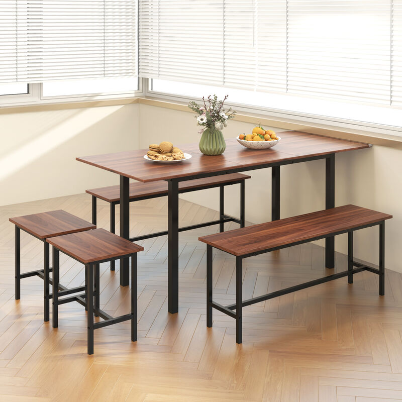 5 Piece Dining Table Set for 4-6 with 2 Benches & 2 Stools for Kitchen Dining Room
