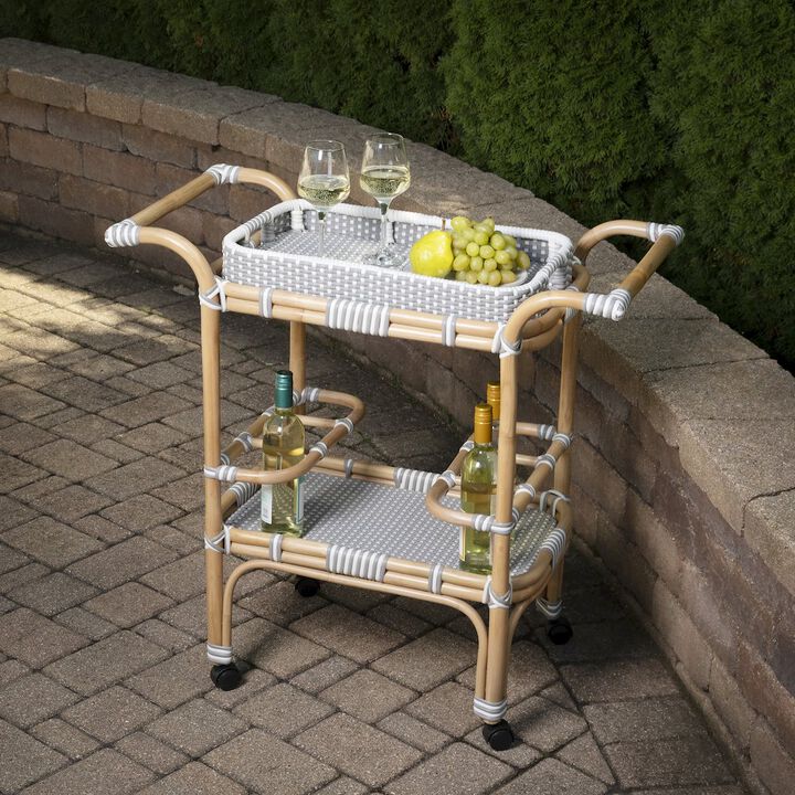 Butler Specialty Selena Grey & Rattan Bar Cart, Gray and White, Natural