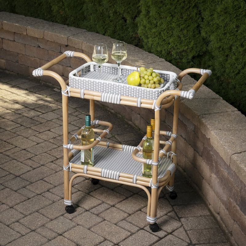 Butler Specialty Selena Grey & Rattan Bar Cart, Gray and White, Natural