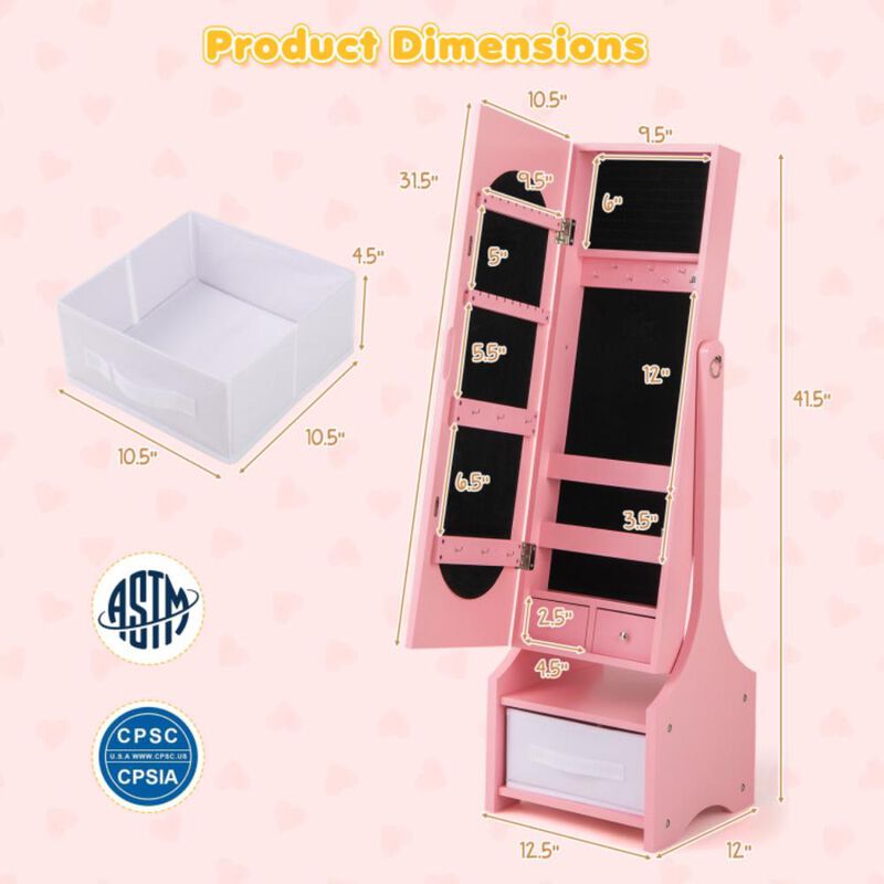 Hivvago Freestanding Kids Jewelry Armoire Cabinet with Storage and 2 Tilt Angles