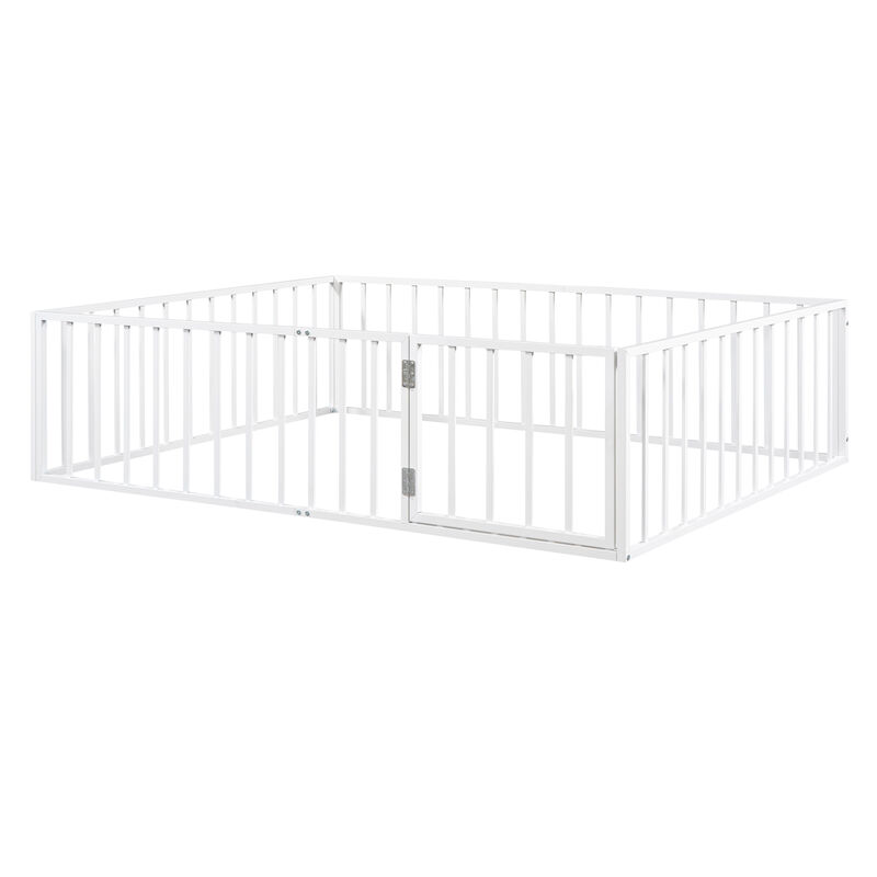 Streamdale Queen Size Metal Floor Bed Frame With Fence And Door, White