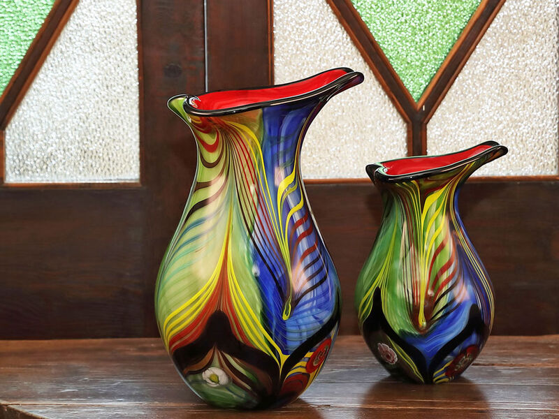 Hand Blown Abstract Teardrop Art Glass Vase with Angled Lip