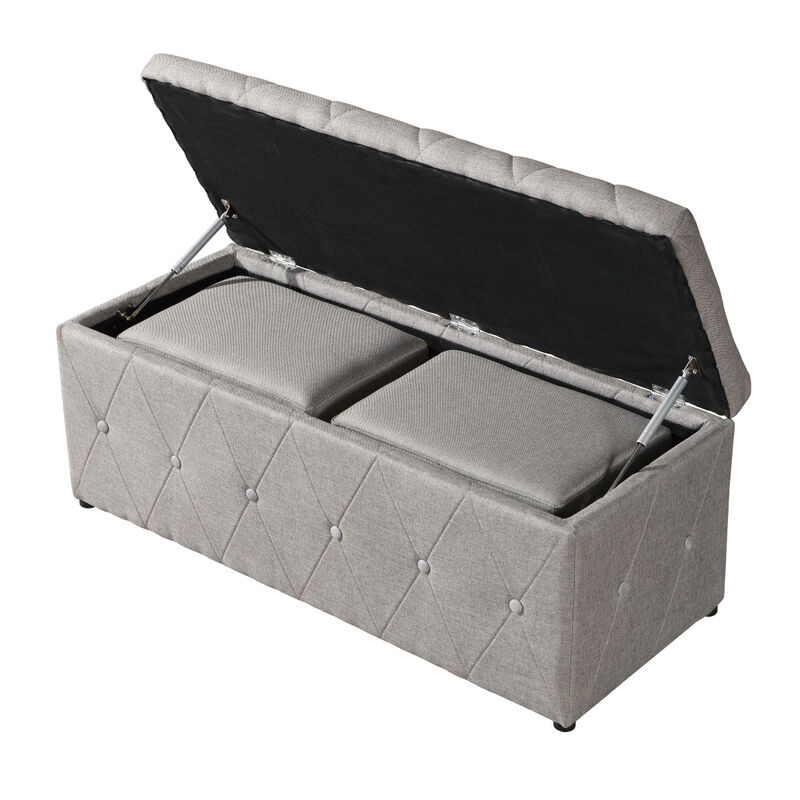 1 Piece Rectangular Storage Ottoman Fabric Linen With 2 Set Ottomans (Beige)