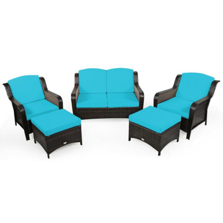 5 Pieces Patio Rattan Sofa Set with Cushion and Ottoman