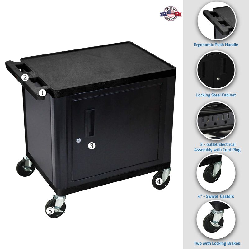 Luxor Black 2 Shelf A/V Cart W/ Cabinet 26" H