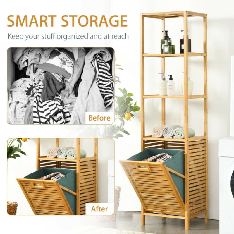 Hivvago Bamboo Tower Hamper Organizer with 3-Tier Storage Shelves