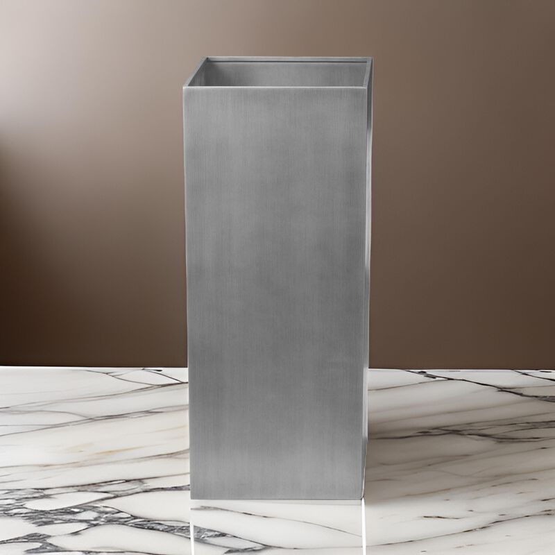 Jo 32 Inch Tall Flower Pot Planter, Hidden Indented Box, Gray Brushed Metal - Benzara