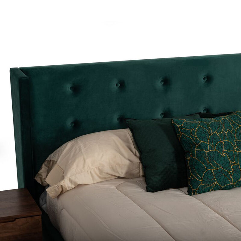 Dury Queen Size Platform Bed, Green Velvet Upholstery, Tufted Wingback - Benzara