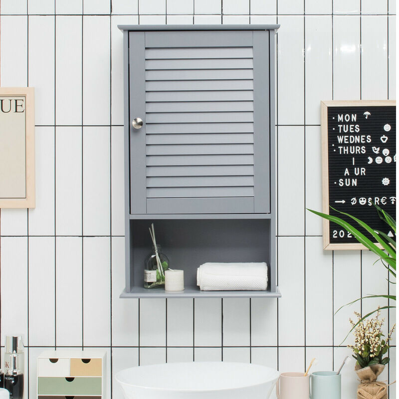 Costway Bathroom Wall Mount Storage Cabinet Single Door w/Height Adjustable Shelf Grey